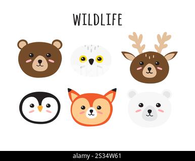 Vektor-Set-Bündel von farbigen flachen Zeichentrick-Kritzelung wildes Tiergesicht isoliert auf weißem Hintergrund Stock Vektor