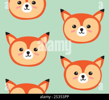 Vektor nahtloses Muster von Hand gezeichnetem Doodle Flat Cartoon Fuchs Gesicht isoliert auf mintgrünem Hintergrund Stock Vektor
