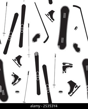 Nahtloses Vektor-Muster der schwarzen flachen Wintersportausrüstung isoliert auf weißem Hintergrund Stock Vektor
