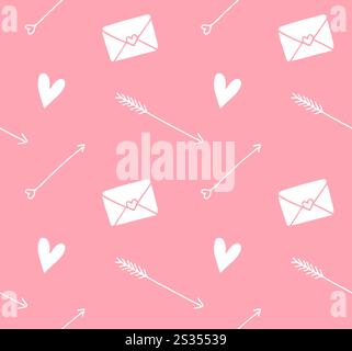 Nahtloses Vektor-Muster der verschiedenen Valentinstag-Herzen Pfeile und Buchstaben isoliert auf rosa Hintergrund Stock Vektor