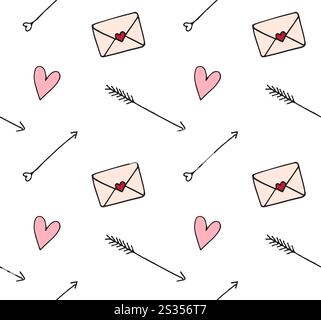 Nahtloses Vektor-Muster der farbigen Valentinstag-Herzen Pfeile und Buchstaben isoliert auf weißem Hintergrund Stock Vektor