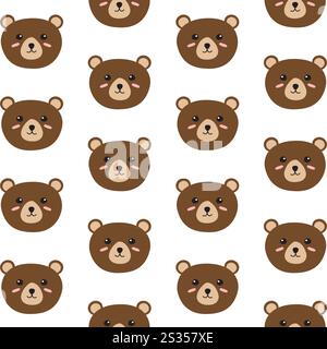 Nahtloses Muster des flachen Zeichentrickfilms Hand gezeichnetes Kritzelbärgesicht isoliert auf weißem Hintergrund Stock Vektor