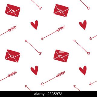 Nahtloses Vektor-Muster der roten Valentinstag-Herzen Pfeile und Buchstaben isoliert auf weißem Hintergrund Stock Vektor