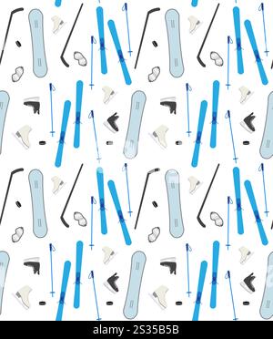 Nahtloses Vektor-Muster der farbigen flachen Wintersportausrüstung isoliert auf weißem Hintergrund Stock Vektor