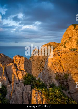 Blick auf den Leuchtturm am Cap Formentor bei Sonnenuntergang, Halbinsel Formentor, Serra de Tramuntana, Mallorca, Balearen, Mittelmeer, Spanien Stockfoto