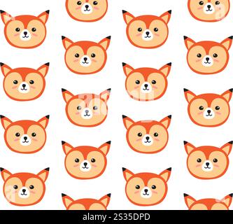 Vektor nahtloses Muster von Hand gezeichnetem Doodle Flat Cartoon Fuchs Gesicht isoliert auf weißem Hintergrund Stock Vektor