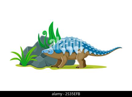 Panoplosaurus-Cartoon prähistorischer Dinosaurier-Charakter. Isolierte Vektorblau und braun gut gepanzerte Herbivore Dino-Echse mit Stacheln, die neben Felsen und Pflanzen in einer prähistorischen Naturlandschaft steht Stock Vektor