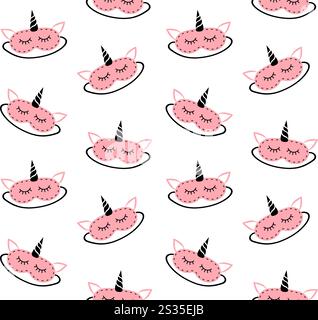 Nahtloses Vektor-Muster der rosa flachen Cartoon Einhorn Schlafmaske isoliert auf weißem Hintergrund Stock Vektor