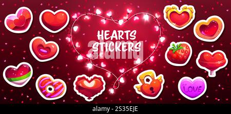 Stickerset mit Cartoon-Spielherzen. Rubinstein, goldener Schmuck, Knopf und Süßigkeiten Dessert, süßer Donut, Ballon, Schloss und Erdbeerherzen, St. Valentine Urlaub Cartoon Vektor Aufkleber Set Stock Vektor