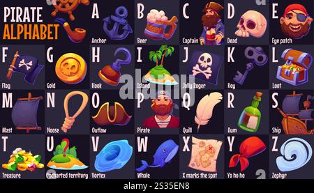 Piraten-Kinder-Alphabet-Buchstaben und Zeichentricksymbole, Vektortypografiekarten der englischen Sprachausbildung. Niedlicher Piratenkapitän, Schiff- und Schädelflagge, schwarze Augenklappe, Karte und Truhe der Schatzinsel Stock Vektor