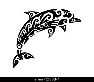 Maori-Stammes-Delfin-Tier-Tattoo mit wirbelnden Mustern, symbolisiert Anmut und Verbindung zum Meer. Isolierte Vektor-Schwarze Tinte Delfin Tattoo, die traditionelle und spirituelle Verbindung zum Ozean Stock Vektor