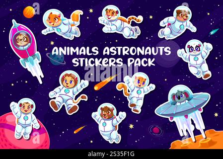 Cartoon Tier Astronauten Aufkleber Pack lustige Raumfahrer im Galaxienraum, Vektorfiguren. Cartoon-Zootiere in Raumanzügen, Koala in Alien UFO oder Affe auf Galaxienplaneten mit Faultier in Rakete Stock Vektor