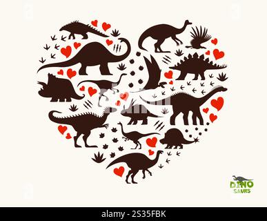 Prähistorische Dinosaurier-Silhouetten in Herzform, Vektor-Dino-Tiere und Reptilien. Jurassic triceratops, argentavis, Styracosaurus und Polacanthus Dinosaurier, Fußabdrücke und Krallenmarkierungen Silhouetten Stock Vektor