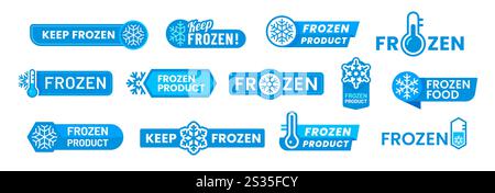 Gefrorene Produktsymbole, blaue Eiskristall-Etiketten oder -Abzeichen. Isolierter Vektorsatz von Aufklebern für kalte Produkte, mit Schneeflocken oder Frost und Thermometersymbolen. Elemente für Verpackungen oder frostige Lebensmittel Stock Vektor