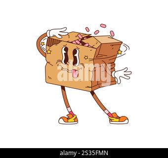 Cartoon groovige Lieferkartonfigur. Vector lustiges desorientiertes Paket mit einem zerrissenen Oberteil und einem betäubten Ausdruck, das Inhalte auswirft, vermittelt Humor und Chaos für Themen wie Versandfehler Stock Vektor