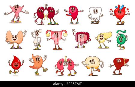 Groovige Organfiguren des menschlichen Körpers, Vektoranatomie, Bildung. Cartoon Retro psychedelische Leber, Herz, Niere und innere Organe des Magens. Hippie-Groovy-Lungen, Pankreas, Milz und Blutfiguren Stock Vektor