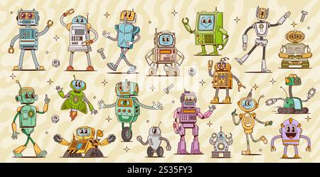 Groovige Roboterfiguren im Retro-Look, niedliche Bot-Spielzeuge im Cartoon-Stil, humanoide Droiden und KI-Cyborgs. Vektor-psychedelische Hippie-Persönlichkeiten von Retro-Transformatorrobotern und außerirdischen Monstern, groovigen Blechmaschinen Stock Vektor