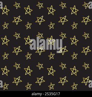 Nahtloses Vektor-Muster der goldenen Hand gezeichneten Kritzelskizze Sterne isoliert auf schwarzem Hintergrund Stock Vektor