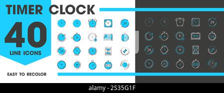 Zeitschaltuhrzeilensymbole. Alarm, Stoppuhr, Kalender-Timer. Lineare Vektorzeichen, Countdown-Funktion, Zeitmanagement, Terminsymbole für App, Website, digitale Benutzeroberfläche, Anleitung für Benutzerinteraktionen Stock Vektor