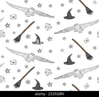 Nahtloses Vektor-Muster von Hand gezeichneter Kritzelskizze farbige magische Eulenhut und Besen isoliert auf weißem Hintergrund Stock Vektor
