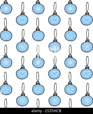 Vektor nahtloses Muster der Hand gezeichneten Kritzelskizze blau Weihnachten Neujahr Baum Dekoration Kugeln isoliert auf weißem Hintergrund Stock Vektor