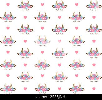 Nahtloses Muster des flachen Zeichentrickfilms farbiges Kuhgesicht Kopf und Herzen isoliert auf weißem Hintergrund Stock Vektor