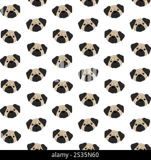 Vektor nahtloses Muster von Hand gezeichneter Kritzelskizze farbiges Mops Hund Gesicht isoliert auf weißem Hintergrund Stock Vektor