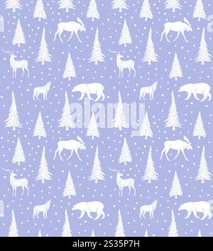 Nahtloses Vektor-Muster von weißen Hand gezeichneten Waldtieren und Fichtenbäumen isoliert auf blauem Hintergrund Stock Vektor