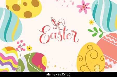 Happy easter Wishes Clipart Hintergrund. Frohe ostersonntaggrüße mit farbenfrohen abstrakten Eiern, Häschen und Blumen-Zeichenelementen. Vektor Stock Vektor
