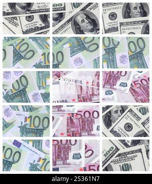 Eine Collage aus vielen Bildern von Euro-banknoten in Stückelungen von 100 und 500 Euro im Heap liegen Stockfoto