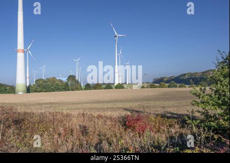 Windkraftanlagen auf offenem Feld, Schönberg, blauer Himmel, Mecklenburg-Vorpommern, Deutschland, Europa Stockfoto