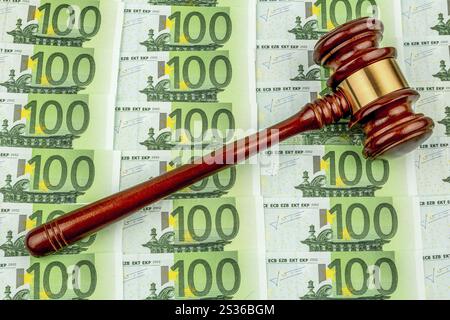 Richterhammer und Euro-Banknoten. Symbolfoto für Kosten vor Gericht, Rechtsstaatlichkeit und Auktionen Stockfoto