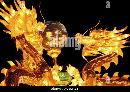 Chinese Lantern Festival in Toronto. Goldene Drachen farbenfrohe, herrliche Beleuchtung, die nachts leuchtet. Ontario Place, Toronto, Ontario, Kanada 2008. Stockfoto