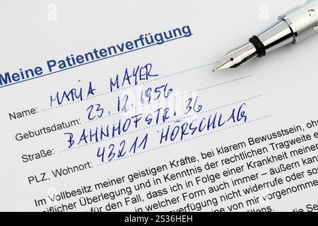 Ein Lebenswille auf Deutsch. Anweisungen für den Arzt oder das Krankenhaus im Falle einer tödlichen Erkrankung Stockfoto