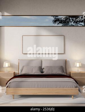Ein modernes, minimalistisches Schlafzimmer mit gemütlichem Bett mit grauer Bettwäsche, minimalistischen hölzernen Nachttischschubladen und einer Bilderrahmenschablone Stockfoto