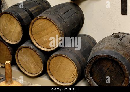 Stockfoto von Weinfässern aus Holzeiche im Cyprus Wine Museum Horizontal Stockfoto