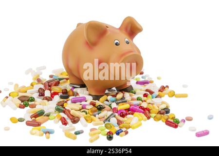 Tabletten, die neben einer Schweinebank liegen. Symbolisches Foto für Kosten in der Medizin- und Pharmaindustrie Österreich Stockfoto
