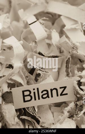 Papierschredder mit Schlüsselwort Bilanz, symbolischem Foto für Datenvernichtung, Ausgleich und wirtschaftliche Analyse Stockfoto