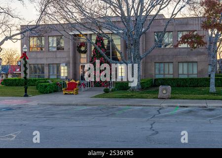 Lichter auf Bäumen mit großem Weihnachtsbaum am Eingang zum historischen Burnet County Court House in Texas Stockfoto