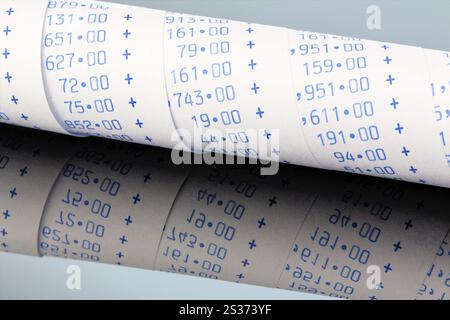 Der Berechnungsstreifen eines Taschenrechners auf weißem Hintergrund. Symbolfoto für Controlling, Buchhaltung, Steuern und Finanzen Stockfoto