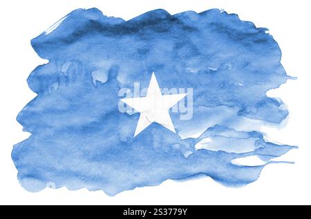 Die Flagge Somalias ist in flüssigem Aquarell auf weißem Hintergrund dargestellt. Unvorsichtige Farbschattierung mit Bild der Nationalflagge. Unabhängigkeitstag Stockfoto