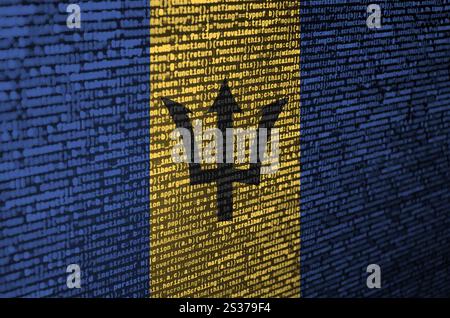 Barbados Flagge wird auf dem Bildschirm mit dem Programm Code dargestellt. Das Konzept der modernen Technologie- und Standortentwicklung. Stockfoto