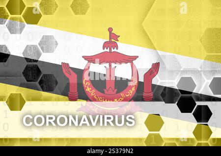 Brunei Darussalam-Flagge und futuristische digitale abstrakte Komposition mit Coronavirus Aufschrift. Covid-19-Konzept für Virusausbrüche Stockfoto