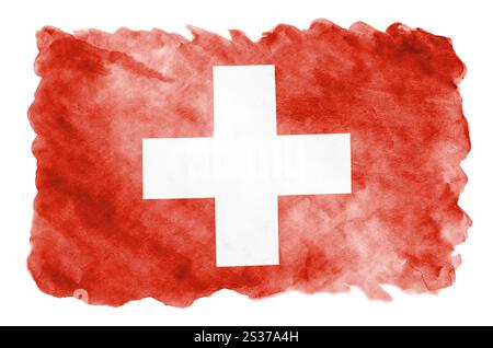 Schweiz Flagge ist in flüssiger Aquarell Stil auf weißem Hintergrund dargestellt. Unvorsichtige Farbe Beschattung mit Bild der nationalen Flagge. Independenc Stockfoto