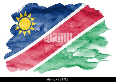 Namibia Flagge ist in flüssiger Aquarell Stil auf weißem Hintergrund dargestellt. Unvorsichtige Farbe Beschattung mit Bild der nationalen Flagge. Unabhängigkeit Da Stockfoto