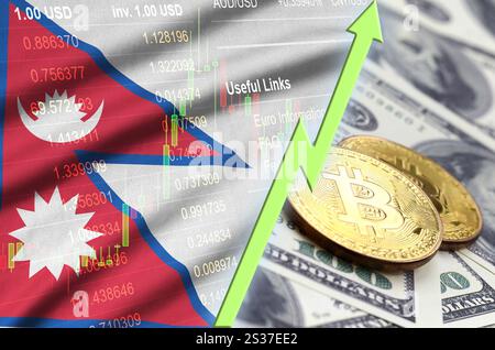 Nepal Fahne und cryptocurrency Trend mit zwei Bitcoins auf dollarscheine. Konzept des Anhebens Bitcoin im Preis gegenüber dem Dollar Stockfoto