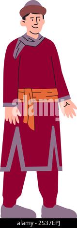 Kasachischer Mann trägt Kasachstan traditionelle Kleidung Erbe Kleidung Kultur Tradition Kleid Totenkopf Hut Kopfschmuck ausdrucksstarker Charakter farbenfrohes Design Stock Vektor