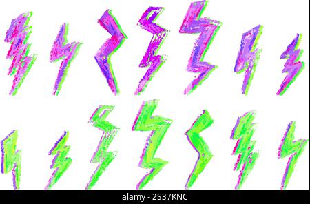 Set von Blitz durch Wachsstift Zeichnung. Sammlung von Handzeichnkreide, Lichterblinkschildern, Doodle Thunder Bolts, gelben Designelementen Stock Vektor