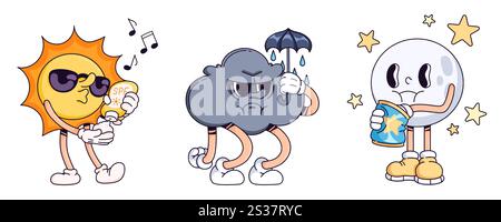 Groovige Wetterfiguren, isoliert auf weiß. Zeitgenössische Vektor-Karikaturillustration der Sonne mit spf Sonnenschutzflasche, wütende regnerische Wolke mit Regenschirm, Mond essen Snack, 90er Jahre Doodle Maskottchen Stock Vektor