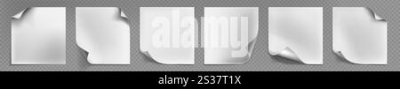 Papierbögen mit gewellten Ecken auf transparentem Hintergrund. Vektor-realistische Illustration von gefaltetem oder abgezogenem Aufkleber, gedrehtem leerem Buch, Magazin oder Broschürenseite, gerolltem Rahmen, Flyermodell Stock Vektor